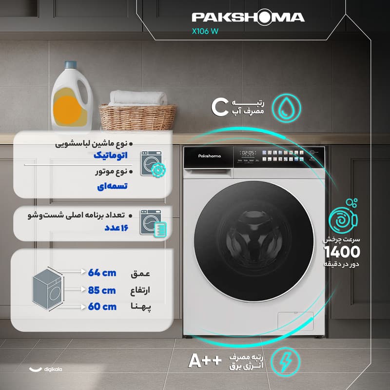 ماشین لباسشویی 11 کیلوگرم اتوماتیک پاکشوما مدل X106 W — تصویر 4